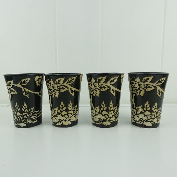 Asian Black and Beige 5pc Ceramic Tea Set Floral Design Bamboo Handle - Picture 9 of 14